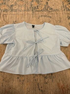wild fable Light Blue Gingham Tie-Front Peplum Blouse - Kids